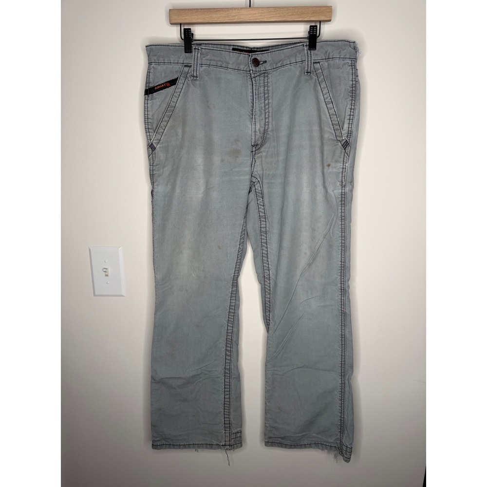 Ariat Work M4 Low Rise Boot Cut Grey Canvas Pants Distressed Faded Mens 34X30